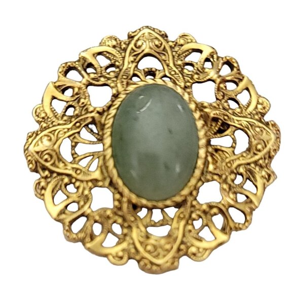 1928 Brand Gold Tone Scalloped Maltese Cross Design Round Aventurine Pin, K646 - Picture 2 of 8